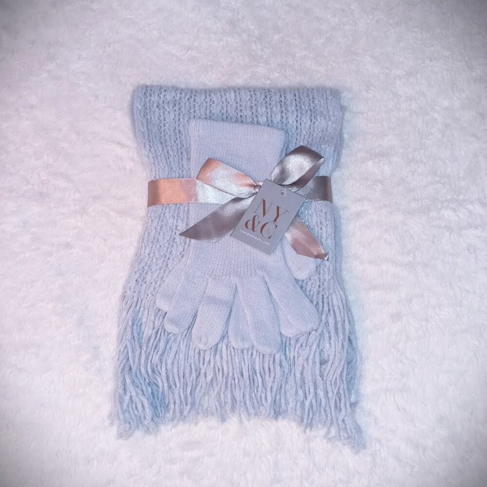 New York & Company Light Blue Scarf and Gloves Set